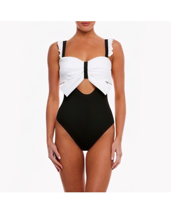 Contrasting Color Big Bow One-Piece Swimsuit 