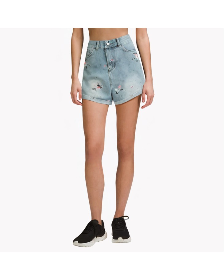 Floral Wide-Leg Denim Shorts