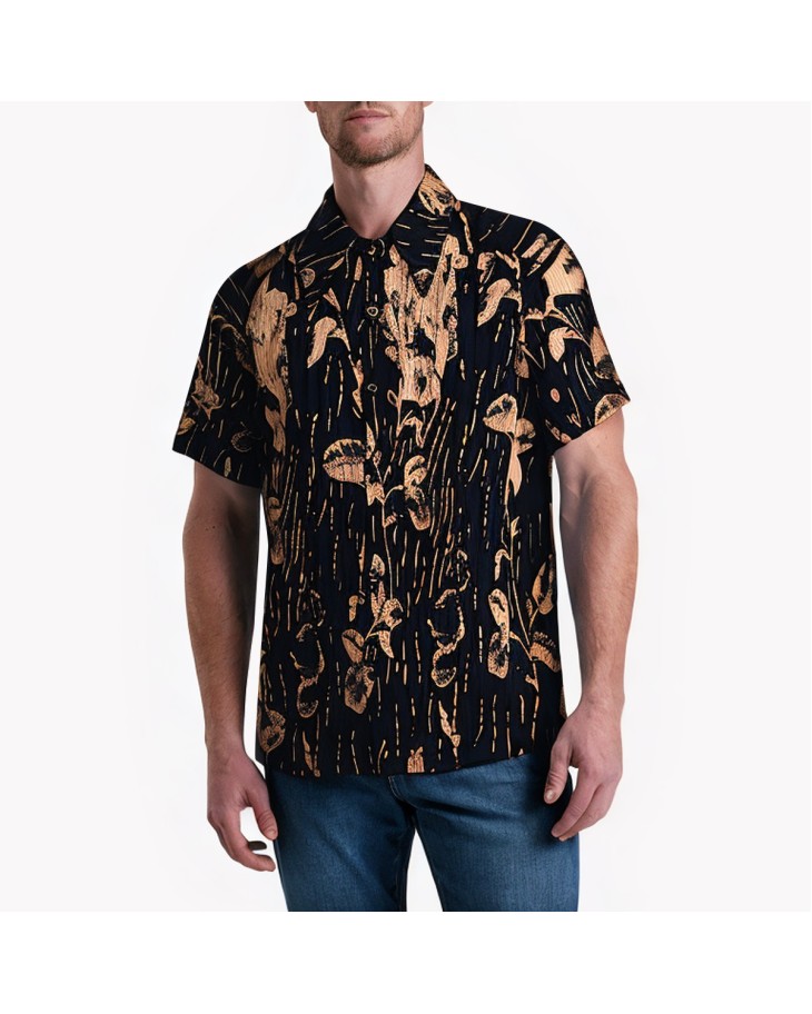 Pleated Texture Full Print Short-Sleeved Shirt 