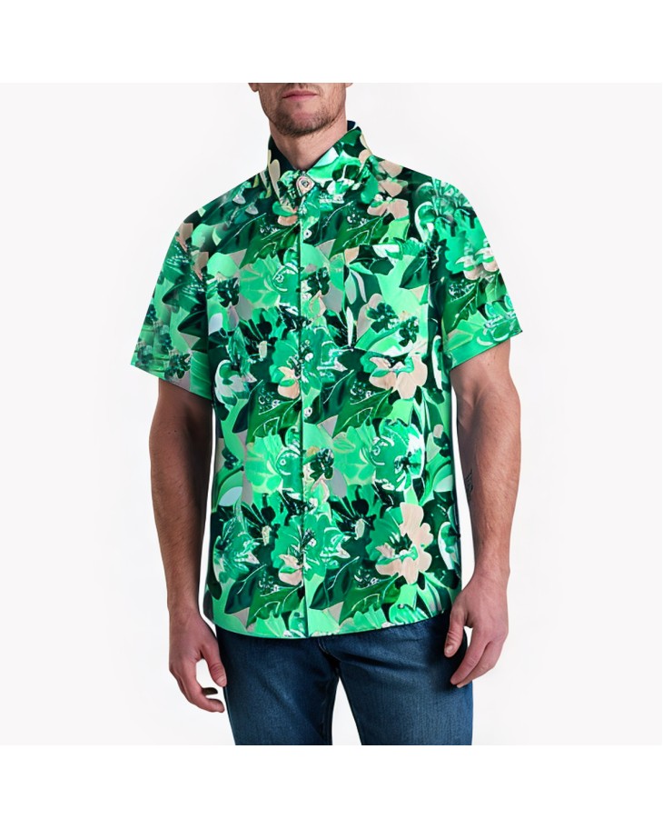 Green Floral Print Short-Sleeved Shirt