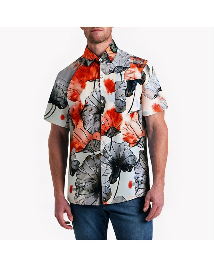 Lotus Leaf Ink-And-Wash Print Short-Sleeved Shirt 