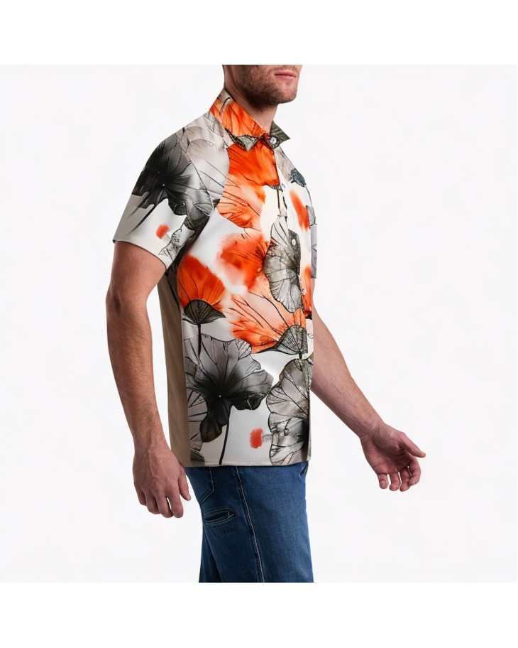 Lotus Leaf Ink-And-Wash Print Short-Sleeved Shirt 
