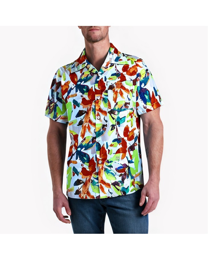 Red Palm Leaf Print Short-Sleeved Shirt