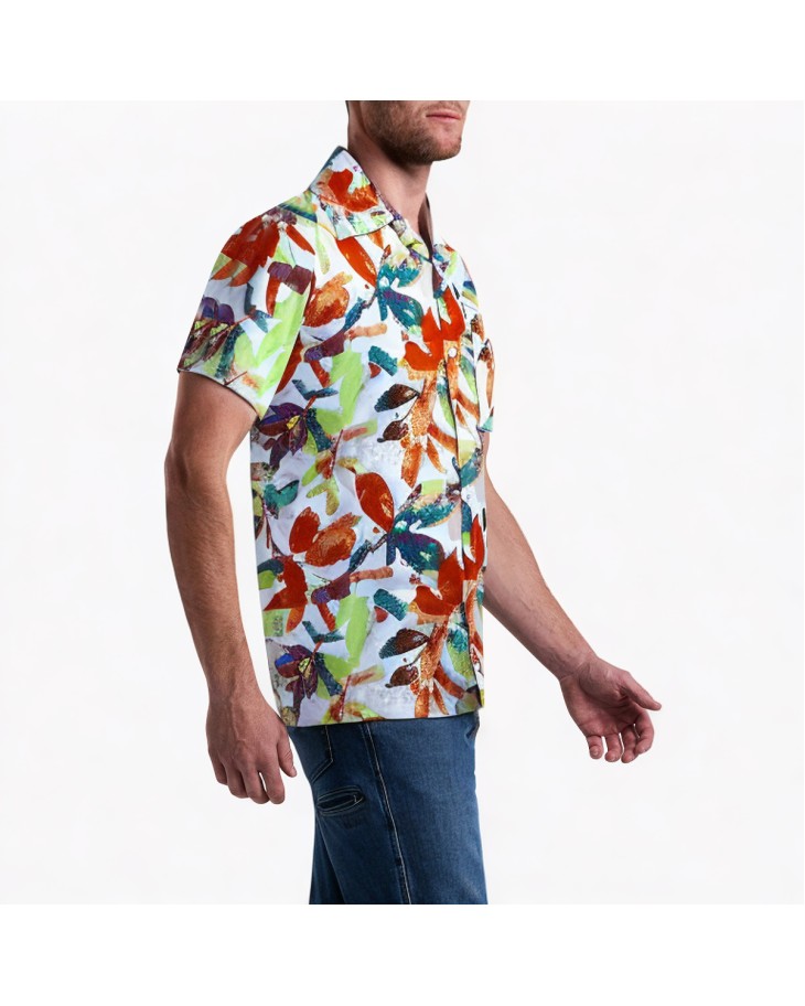 Red Palm Leaf Print Short-Sleeved Shirt